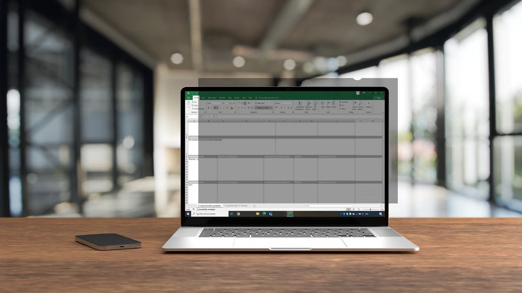 Medewerker met 14 inch privacy screen op laptop in open kantooromgeving